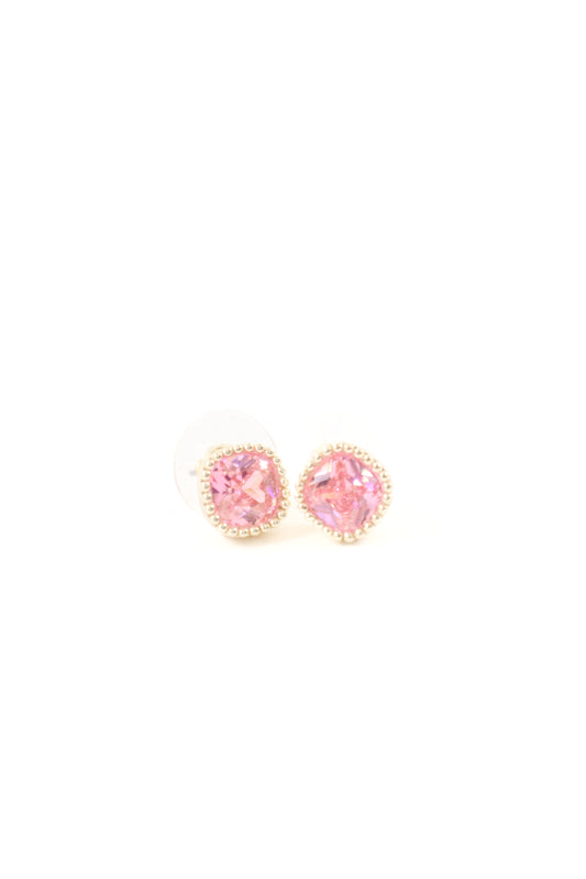 Gold cushion-cut stud earrings with pink crystal stone and beaded trim