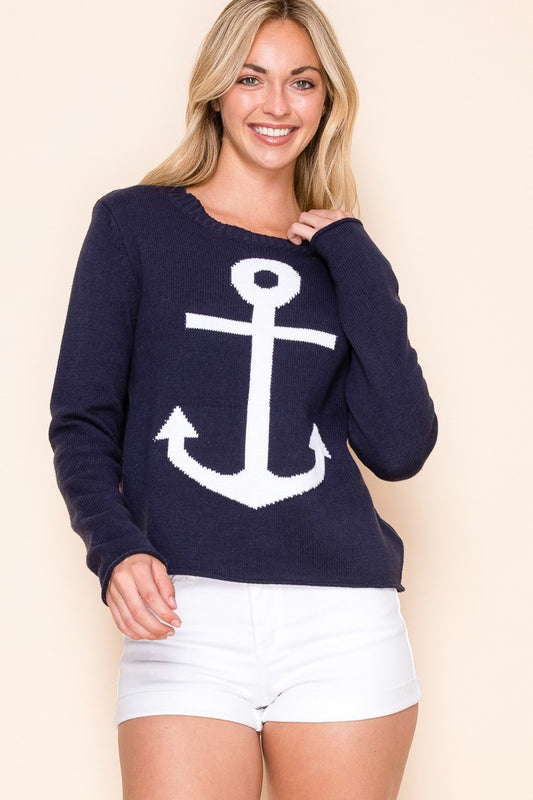 A breezy nautical-inspired sweater featuring an anchor motif, perfect for beach days or boat rides.

