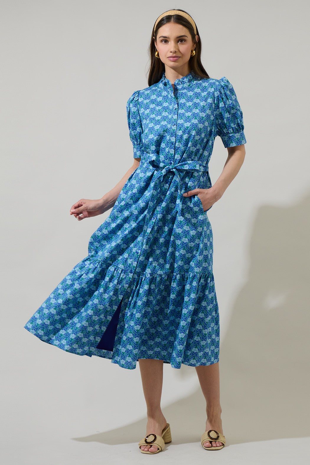 A charming floral midi dress with a button-up bodice, ruffled mock neck, and adjustable belted waist—perfect for any occasion.