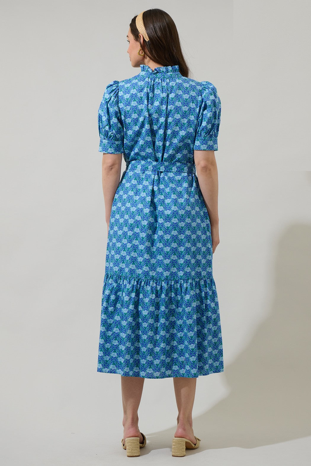 A charming floral midi dress with a button-up bodice, ruffled mock neck, and adjustable belted waist—perfect for any occasion.