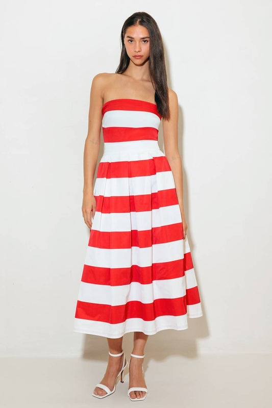 A classic striped midi dress with a full skirt and timeless straight neckline.

