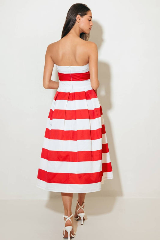 A classic striped midi dress with a full skirt and timeless straight neckline.

