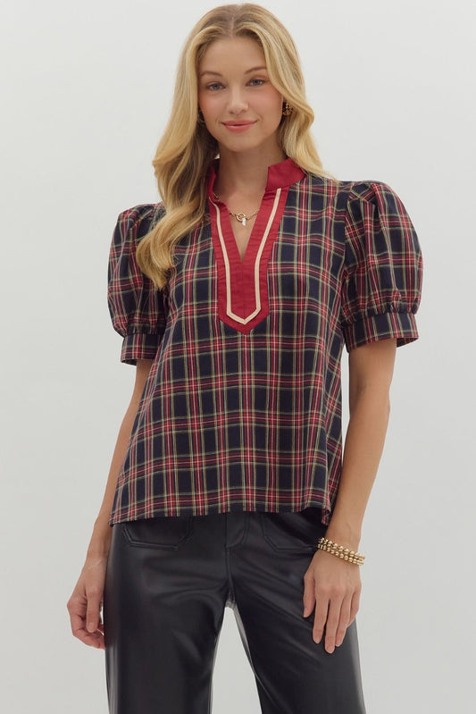 A lightweight plaid short sleeve top with a caftan-inspired contrast V-neck and relaxed fit.