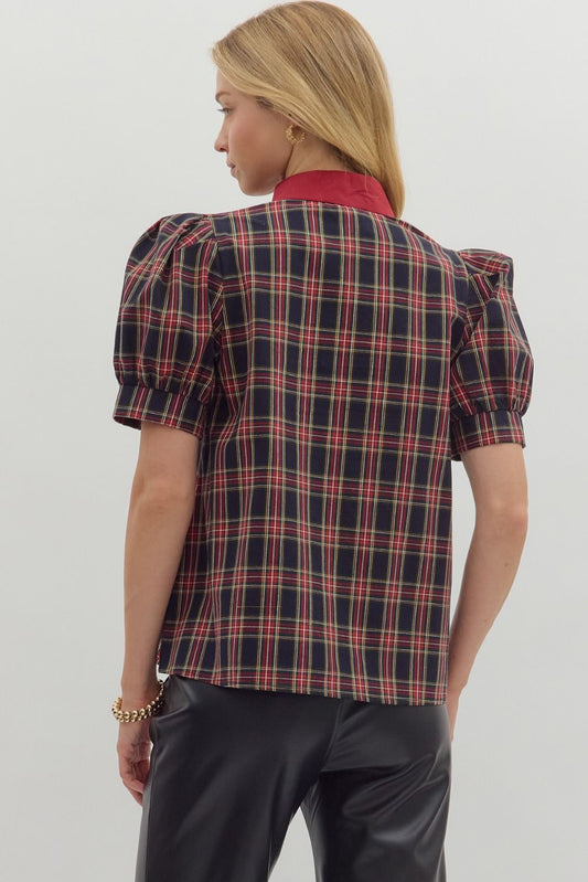 A lightweight plaid short sleeve top with a caftan-inspired contrast V-neck and relaxed fit.