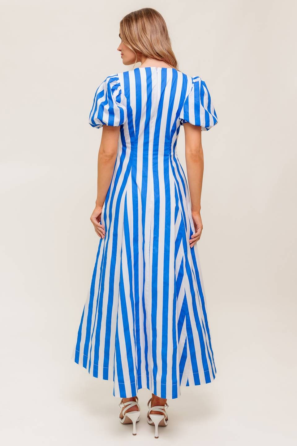 A printed cotton midi dress with puff sleeves, a V neckline, and a classic circle skirt.

