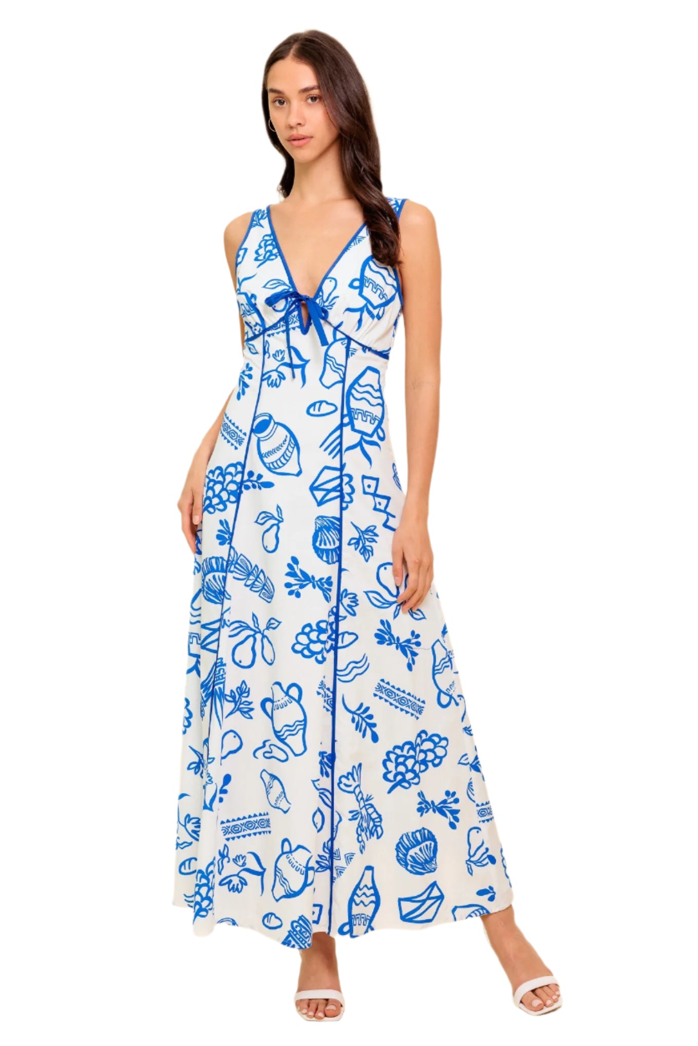 A romantic ankle-length printed dress with a bow-tied V neckline and plunging back for effortless elegance.