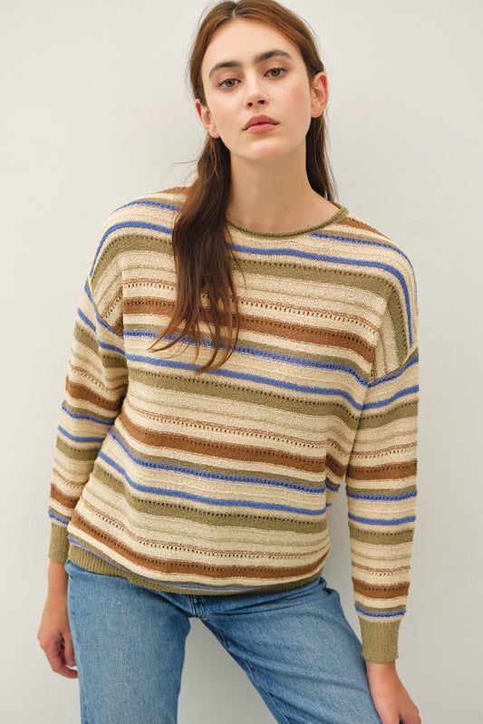 A soft, striped lightweight sweater with a relaxed fit and drop shoulders—everyday comfort with timeless style.