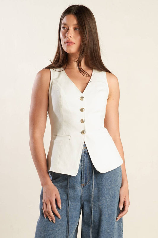 A tailored cotton-blend vest with a V-neckline and button-down front—made to match or stand alone.