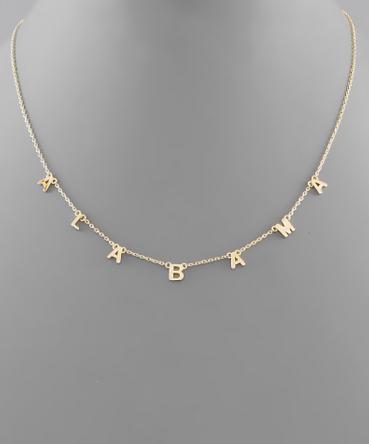 Alabama State Letter Necklace in Gold featuring individual letter charms spelling "ALABAMA"