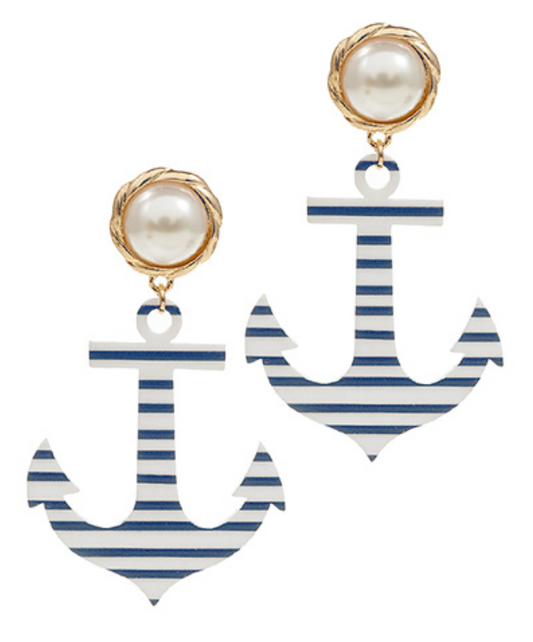 Blue and white striped anchor earrings with a pearl