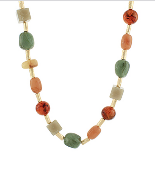 Autumn Grove Beaded Necklace – colorful resin beads in earthy tones with geometric shapes and gold-tone metal spacers on a white background.