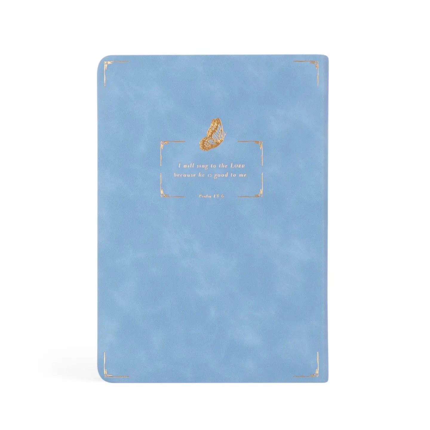 Blue Hosanna Revival notebook with gold butterfly design and gold corner accents on vegan leather cover.
