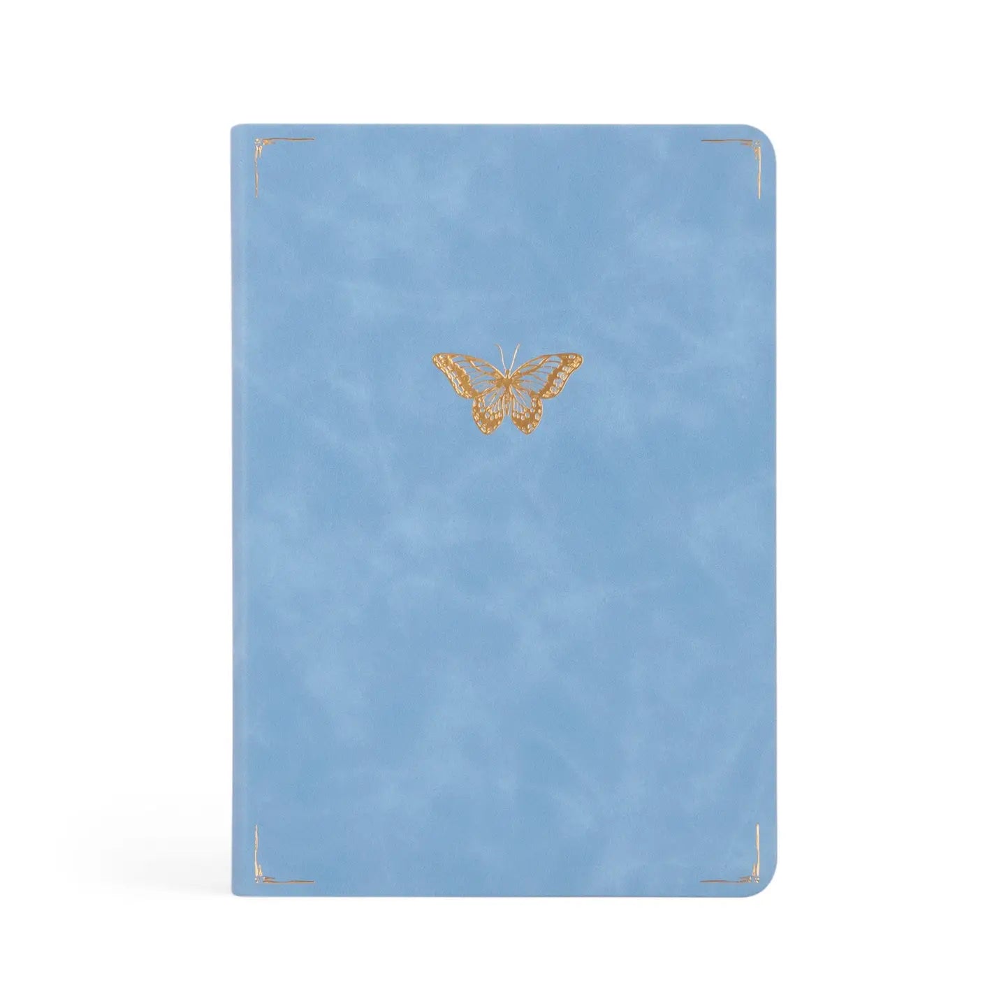 Blue Hosanna Revival notebook with gold butterfly design and gold corner accents on vegan leather cover.