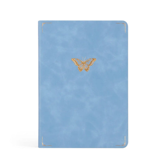 Blue Hosanna Revival notebook with gold butterfly design and gold corner accents on vegan leather cover.