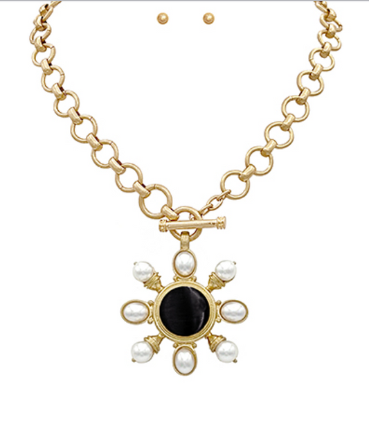 Black Onyx and faux pearl statement necklace with gold chain 