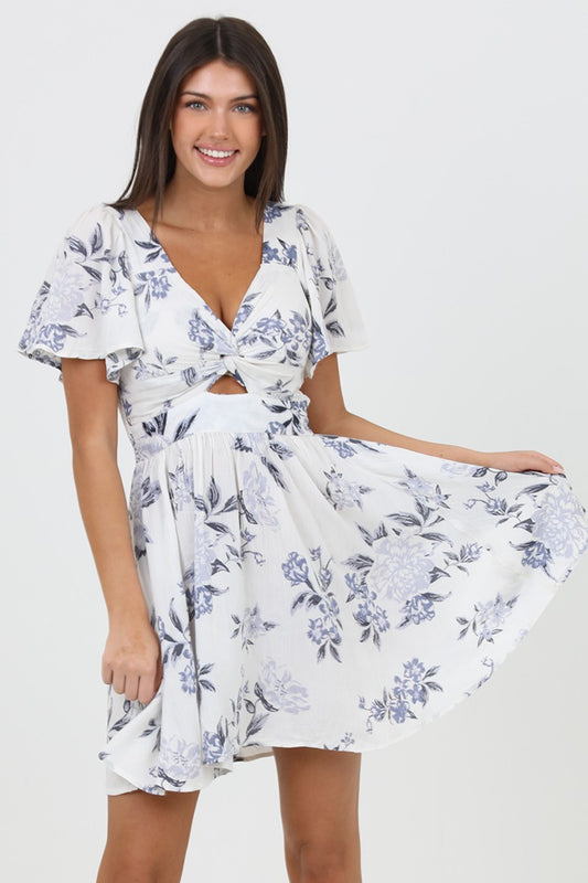 Blue Blossom Knot-Front Dress with a feminine floral print, featuring a front knot cutout and flowy silhouette.