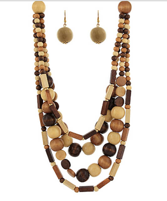 Bohemian Wood Bliss Necklace Set – multi-layered wooden bead necklace