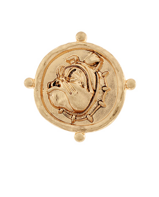 A beautifully crafted antique gold-tone bulldog brooch, featuring a detailed and elegant design that captures the strength and charm of the beloved breed.
