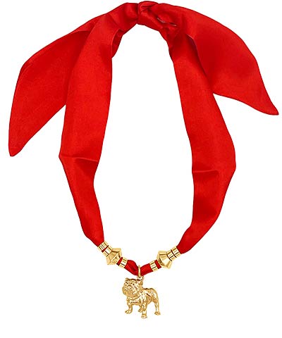 Bulldog pendant scarf necklace with an adjustable tie design for a spirited, stylish look.
