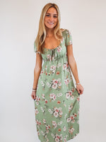 Sage Floral Linen Midi Dress