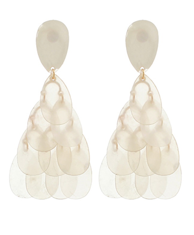 Cascade Petal Dangle Earrings in a sheer, iridescent white or mother-of-pearl tone, featuring multiple overlapping oval "petals" suspended from a teardrop stud.
