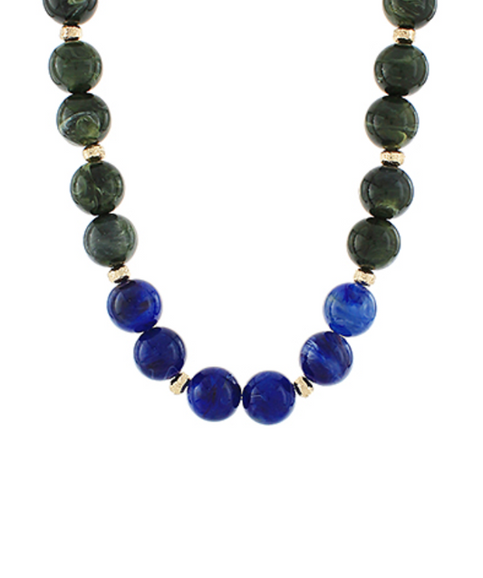 Celestial Harmony Necklace with deep blue lapis lazuli and forest jade gemstone beads separated by gold spacers.
