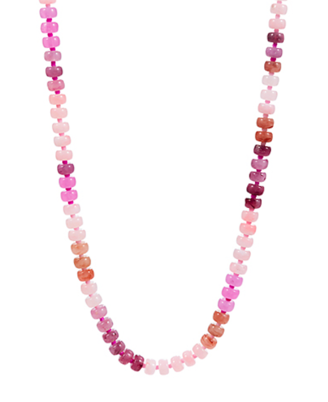 A vibrant collection of three separate necklaces, each composed of small, flat, oval or disc-shaped beads strung closely together. One necklace features a gradient of pink, purple, and reddish-brown hues. Another showcases a spectrum of greens and light beiges. The third displays a full rainbow gradient from red to blue/green. Each necklace subtly changes color along its length.