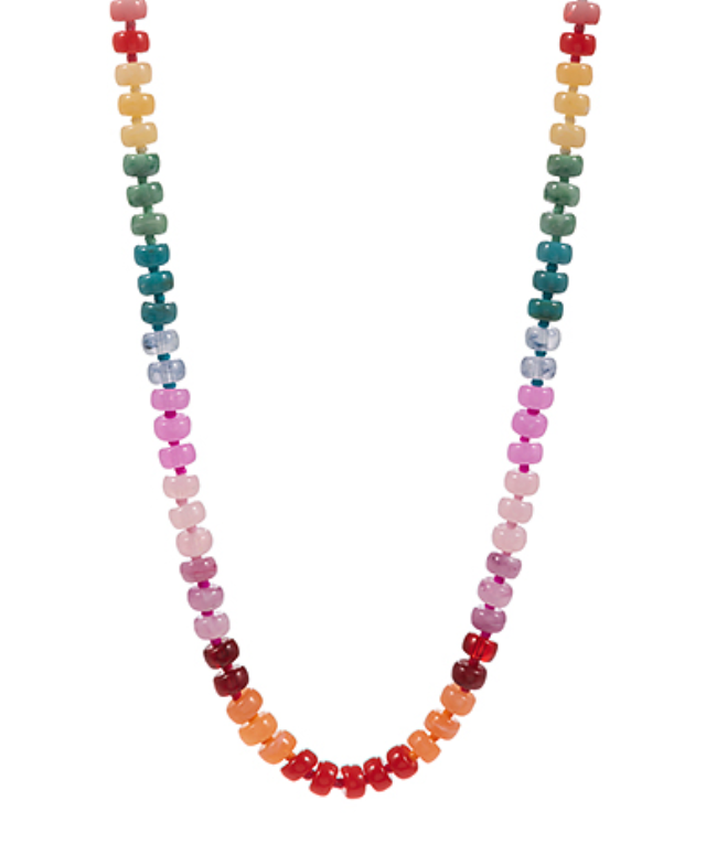 A vibrant collection of three separate necklaces, each composed of small, flat, oval or disc-shaped beads strung closely together. One necklace features a gradient of pink, purple, and reddish-brown hues. Another showcases a spectrum of greens and light beiges. The third displays a full rainbow gradient from red to blue/green. Each necklace subtly changes color along its length.