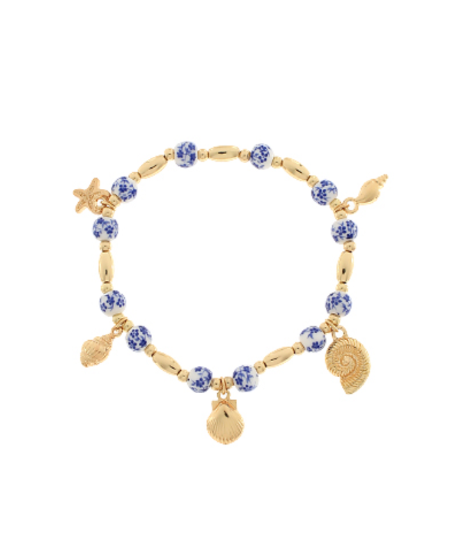 Coastal Charm Beaded Bracelet with Seashell and Starfish Charm