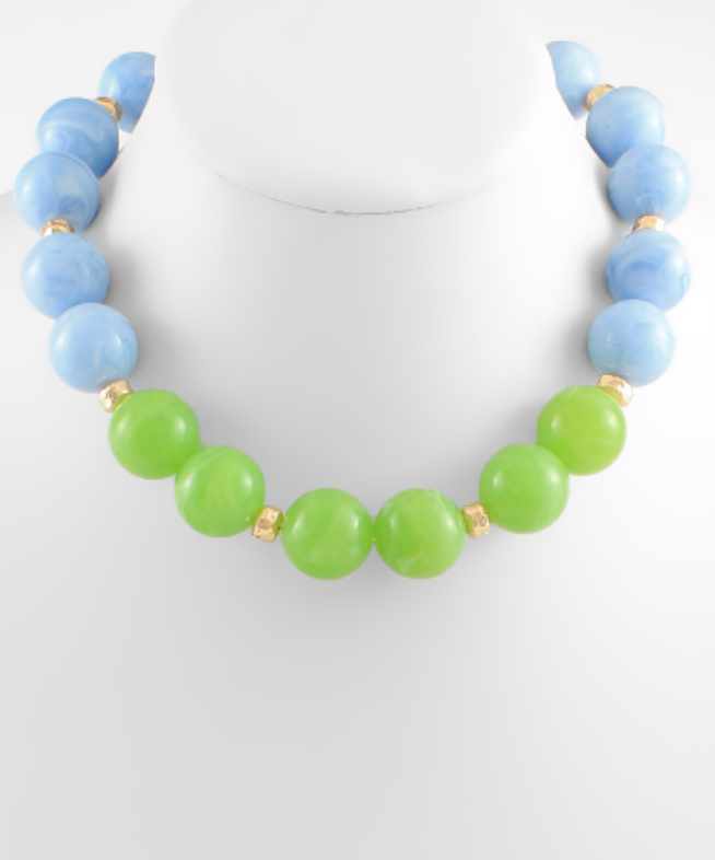 Coastal Gradient Bead Statement Necklace featuring Ombre Green and Blue Beads with Gold Accents