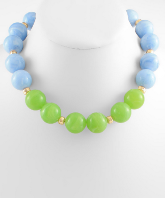 Coastal Gradient Bead Statement Necklace featuring Ombre Green and Blue Beads with Gold Accents