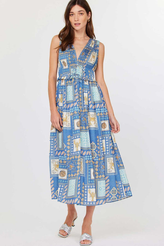 Coastal Tile Print Pleated Midi Dress