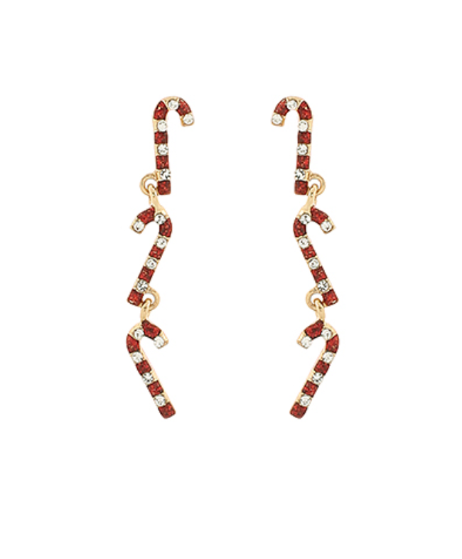 Gold-tone drop earrings featuring three linked candy canes adorned with red and white crystals—festive Christmas jewelry perfect for holiday outfits and parties.