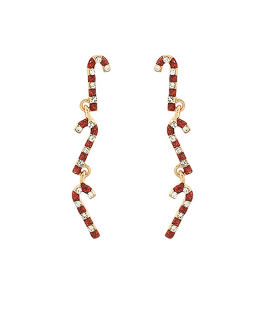 Gold-tone drop earrings featuring three linked candy canes adorned with red and white crystals—festive Christmas jewelry perfect for holiday outfits and parties.