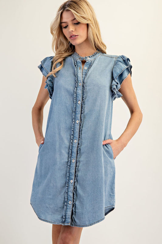Button Down Ruffle Sleeve Mini Dress