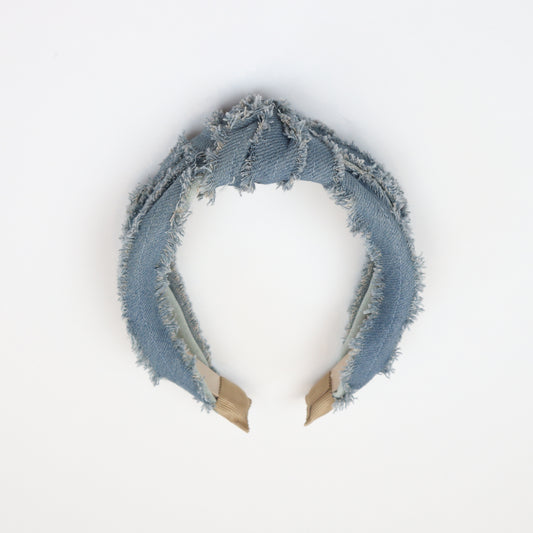 Denim Babe Headband with frayed-edge design in blue"
