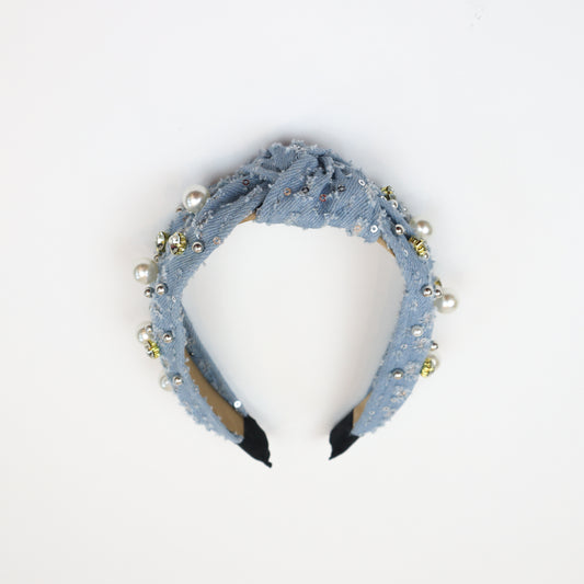 Denim Babe Headband with pearl and rhinestone embellishments in blue