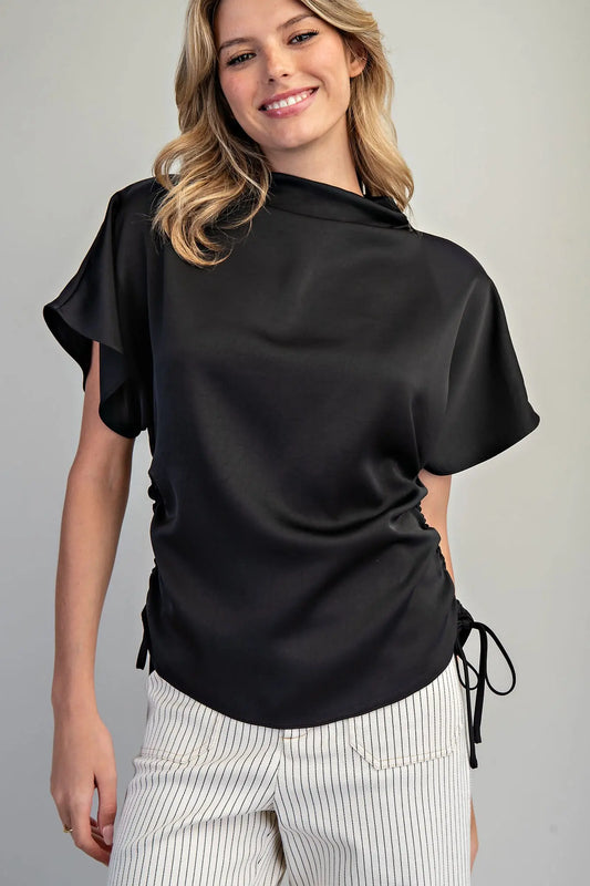 Elegant satin top with adjustable side ties and relaxed fit in brown