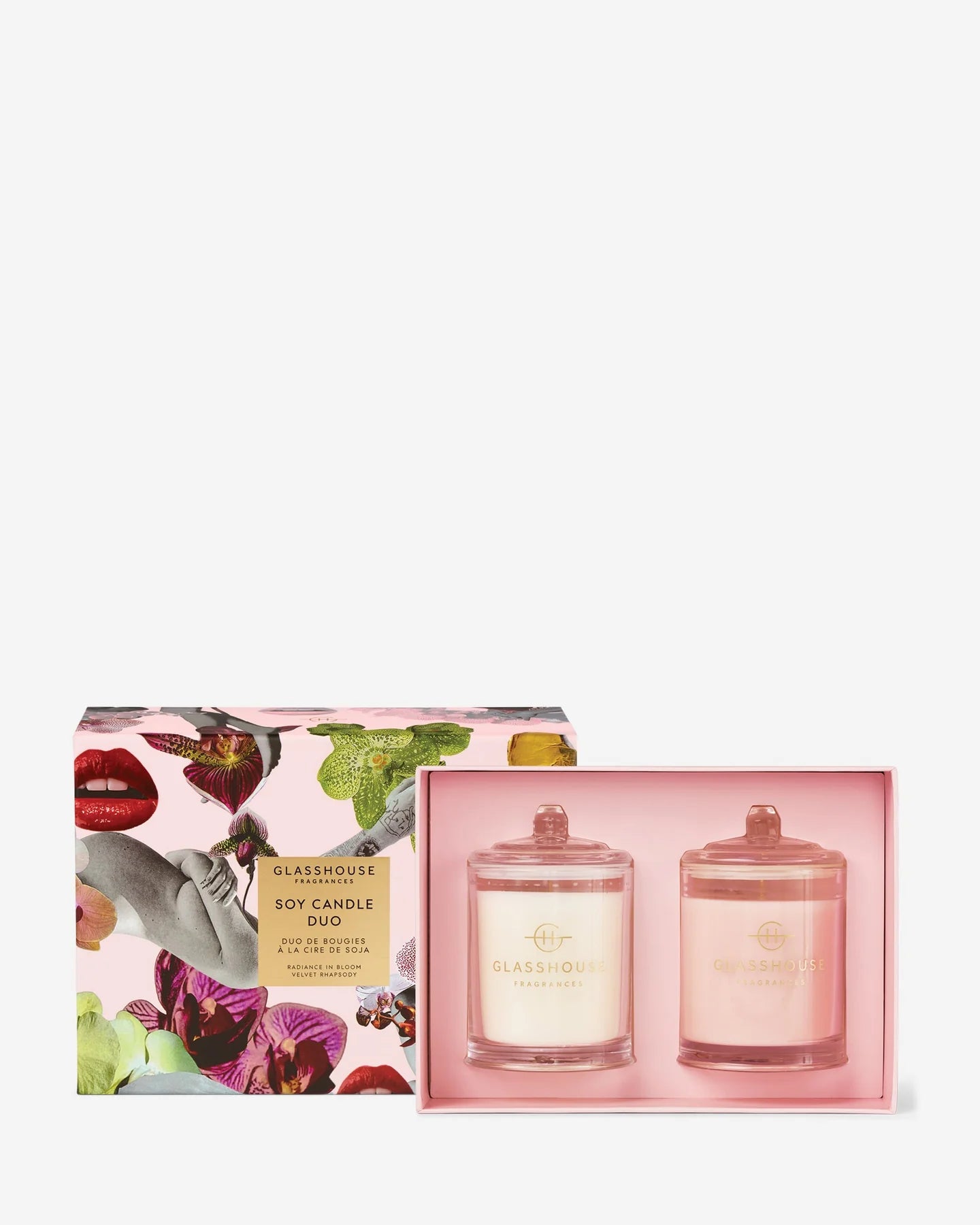 Glasshouse Gift Set of Two, 1 x Radiance In Bloom 7 oz. Candle & 1 x Velvet Rhapsody 7 oz. Candle.