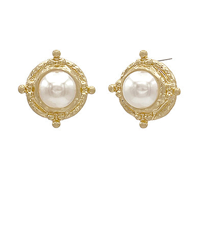 Vintage-style gold stud earrings with faux pearls and textured beaded trim, displayed against a white background.