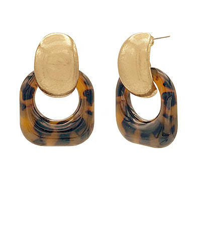 Gold-tone and tortoise-shell acrylic geometric drop earrings with modern oval and square shapes, displayed on a white background.