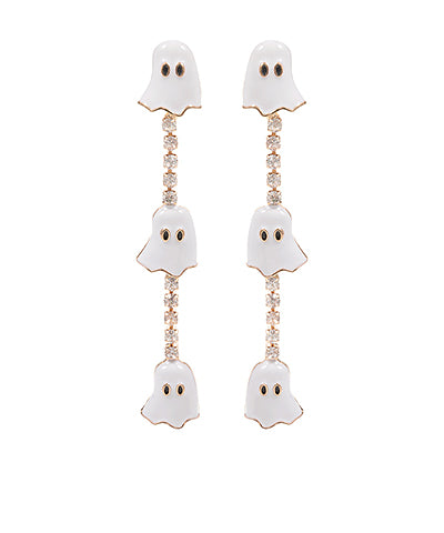The Isabeau Ghost Rhinestone Drop Earrings deliver sparkling Halloween charm in a playful trio design.