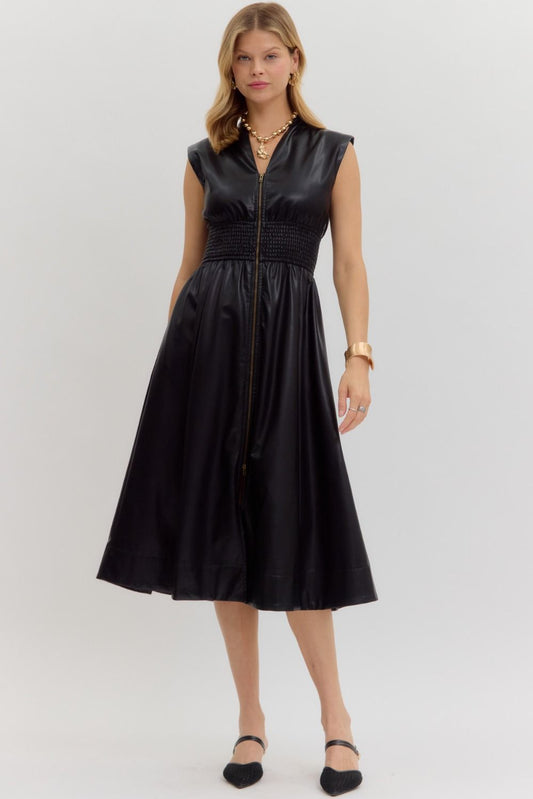 Edgy faux leather midi dress with smocked waist and front zipper—perfect for fall layering, concert outfits, or bold night-out looks.