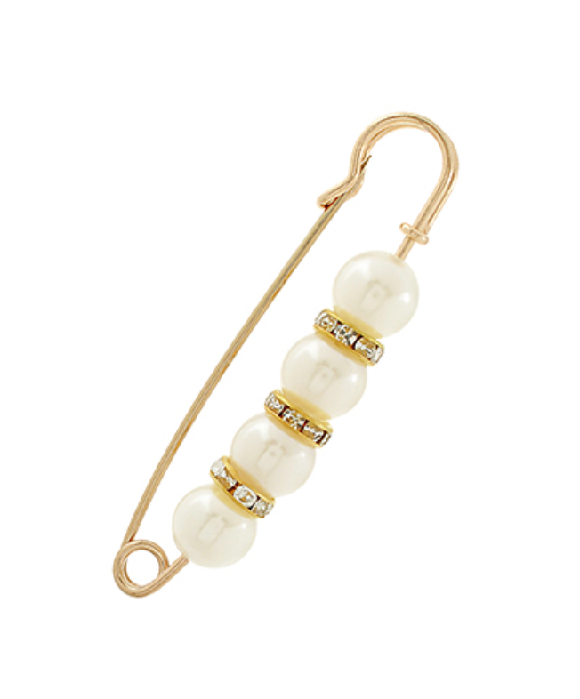 A sophisticated gold-toned safety pin brooch adorned with five lustrous cream-colored spherical pearls, each separated by a delicate band of sparkling clear rhinestones.
