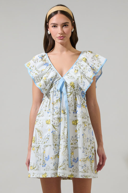 A pastel floral mini dress with ruffle flutter sleeves, a V-neckline with a delicate bow tie, and a breezy A-line silhouette, perfect for warm-weather styling.