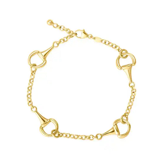 Gold equestrian bit chain bracelet with polished links and adjustable extender