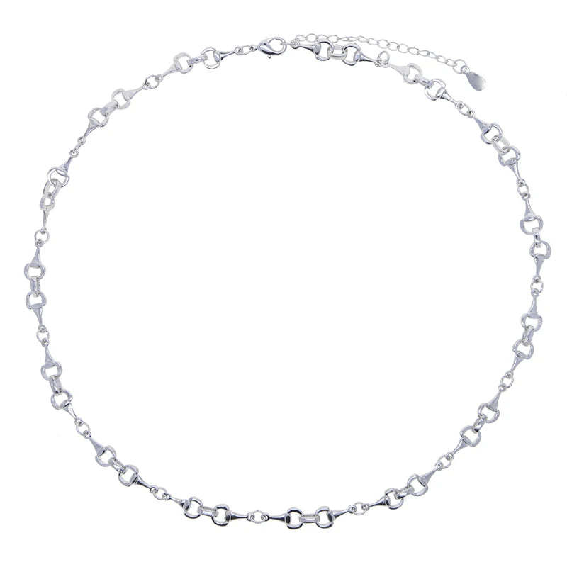 Silver snaffle bit chain necklace with equestrian-inspired design and adjustable clasp
