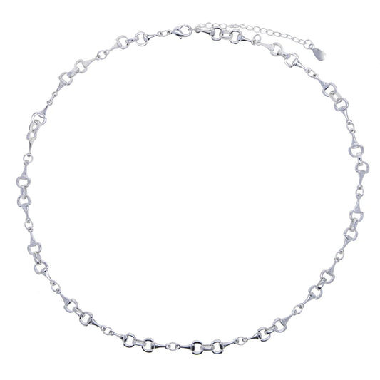 Silver snaffle bit chain necklace with equestrian-inspired design and adjustable clasp