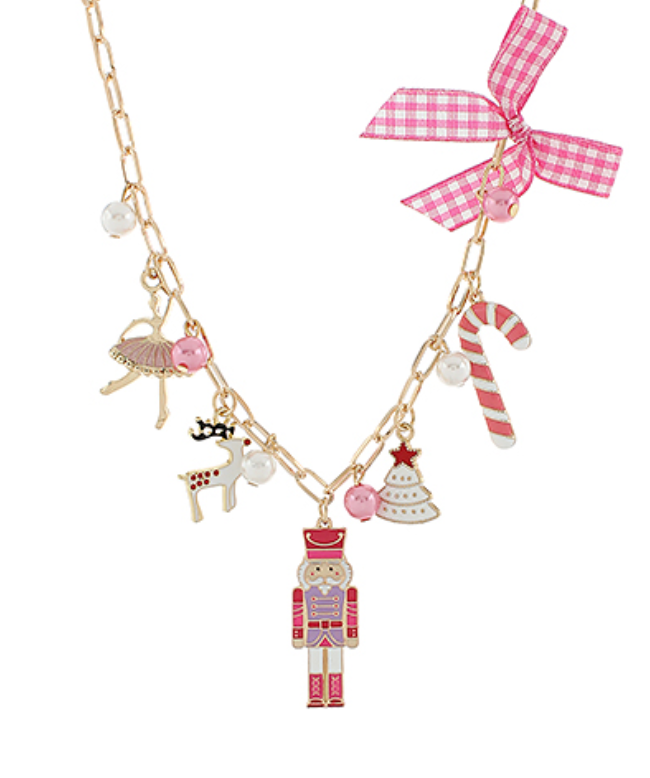 Colorful holiday charm necklace with Nutcracker, reindeer, ballerina, candy cane, Christmas tree, and festive ribbon details, perfect for Christmas celebrations and gifting.