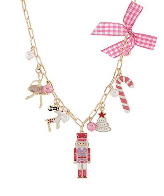 Colorful holiday charm necklace with Nutcracker, reindeer, ballerina, candy cane, Christmas tree, and festive ribbon details, perfect for Christmas celebrations and gifting.